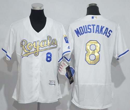Royals #8 Mike Moustakas White Flexbase Authentic 2015 World Series Champions Gold Program Cool Base Women's Stitched MLB Jersey